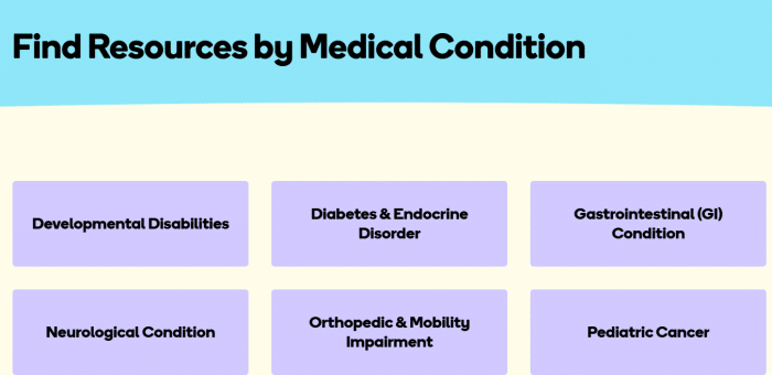 Find resources by medical condition — pathways for Developmental Disabilities, Diabetes & Endocrine Disorder, Gastrointestinal (GI) Condition, Neurological Condition, Orthopedic & Mobility Impairment, and Pediatric Cancer.