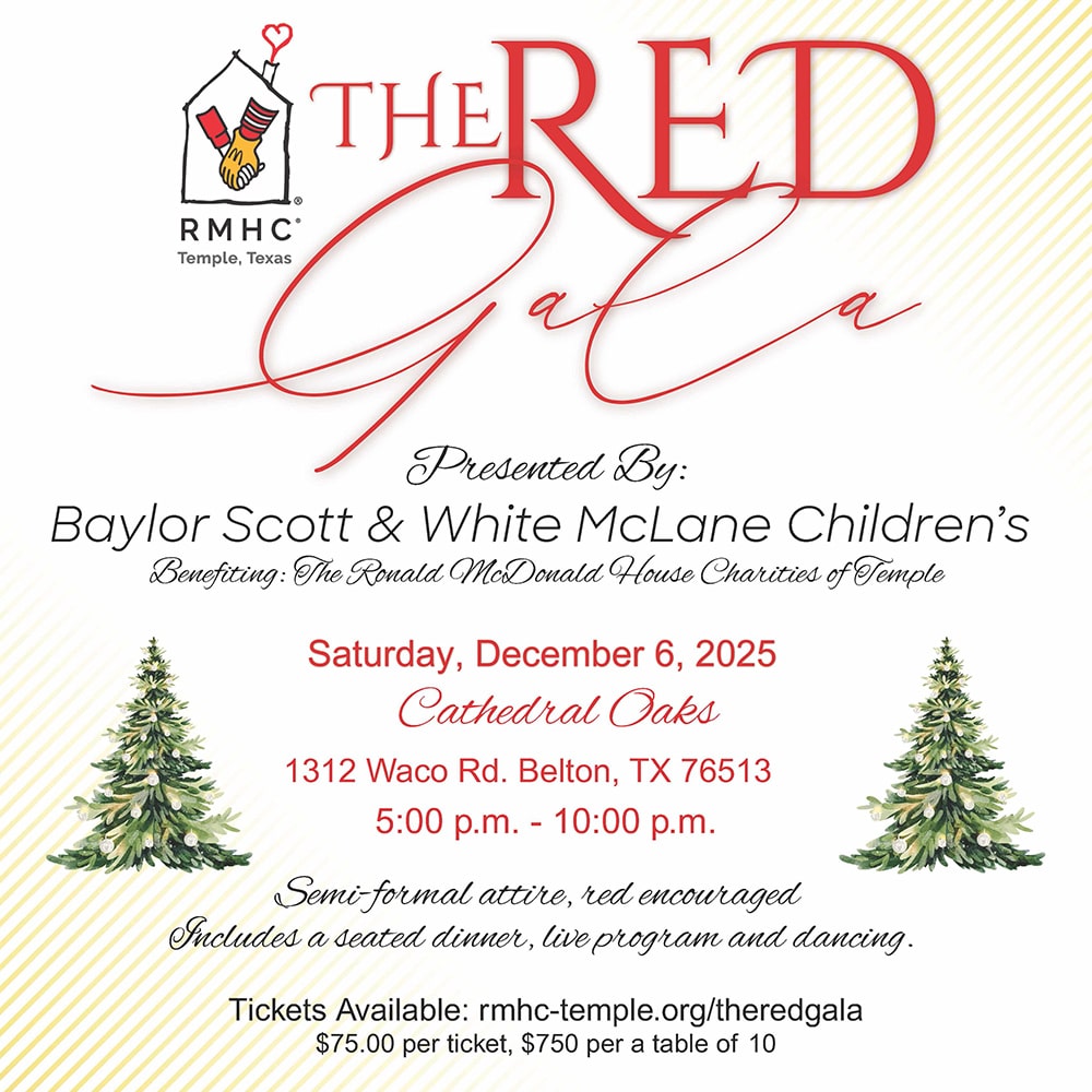 The Red Gala - a formal evening featuring red attire, a seated dinner, live program and dancing to benefit the Ronald McDonald House of Temple Texas