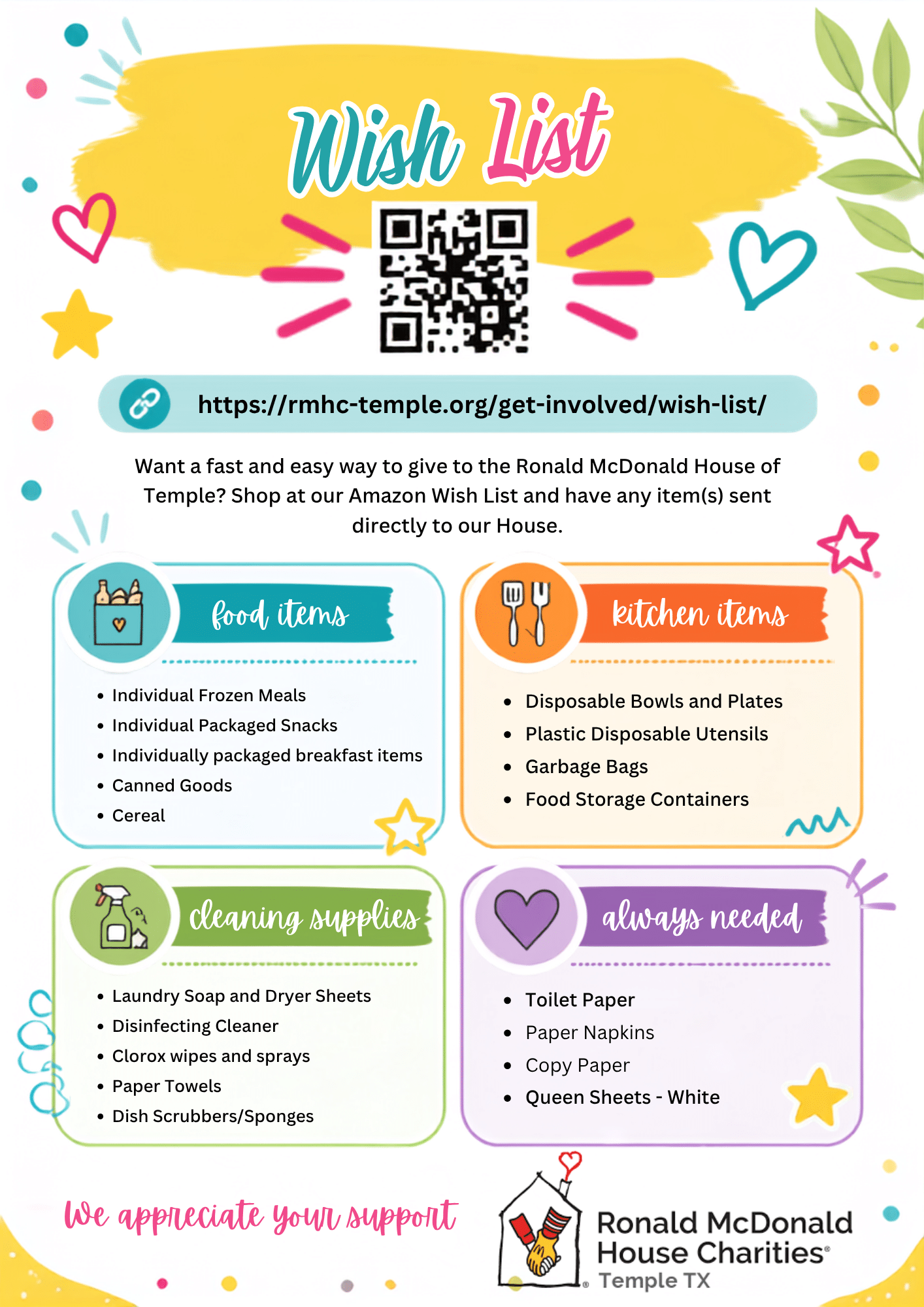 Ronald McDonald House of Temple, Texas' Wish List